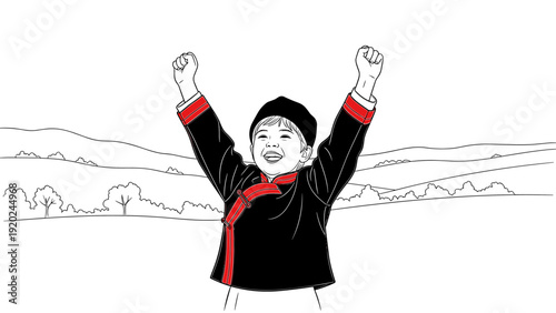Joyful child in traditional ethnic clothing celebrating with arms raised in a scenic landscape