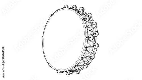 Hand-drawn illustration of a tambourine with jingles on a white background