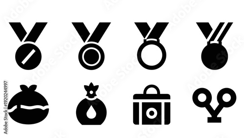 Collection of eight black icons representing awards, achievements, and tools