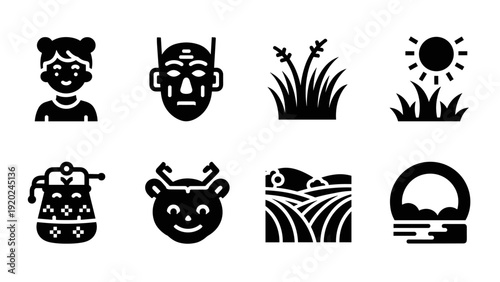Collection of diverse cultural and natural icons representing traditions and landscapes