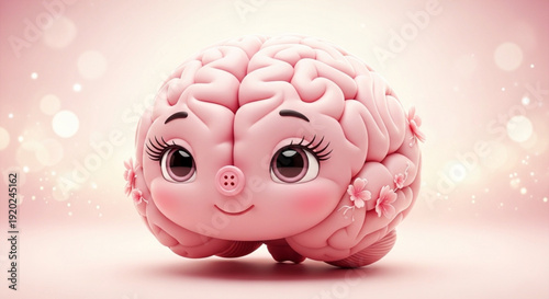 Pink Cartoon Brain Character with Big Eyes on Soft Pink Background