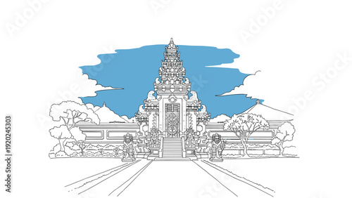Traditional Balinese temple gate with intricate carvings and guardian statues, sketched style