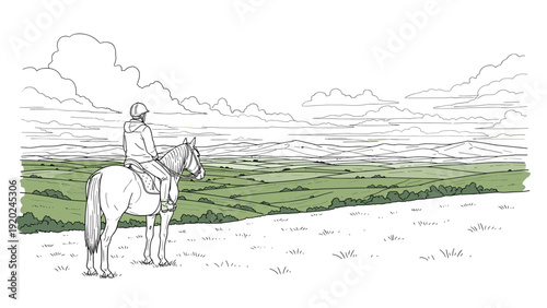 Equestrian gazes over rolling green hills and distant mountains under a cloudy sky
