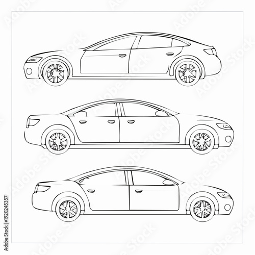 Outline sedan car vector drawing in different point of view