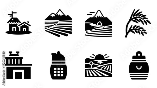 Collection of agricultural icons representing farms, landscapes, and rural life