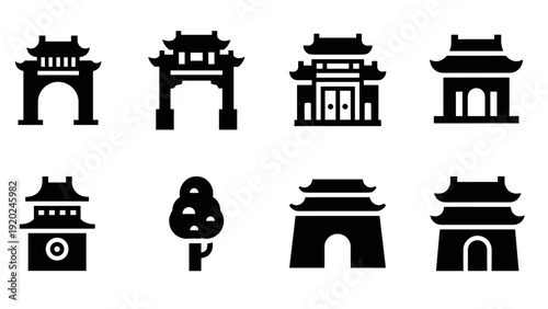 Collection of Traditional Asian Architecture Icons and a Tree Silhouette