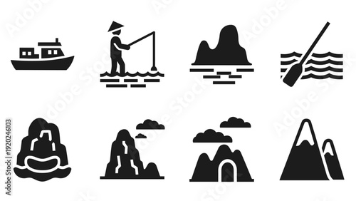 Collection of icons representing outdoor activities and natural landscapes like mountains and water