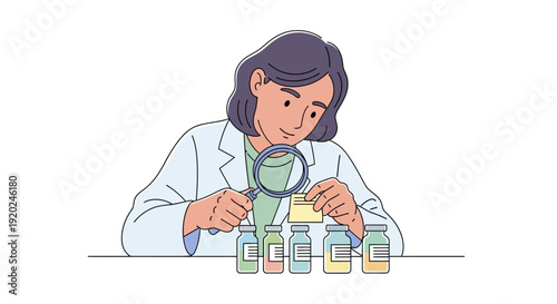 Female Scientist Examining Samples with Magnifying Glass.