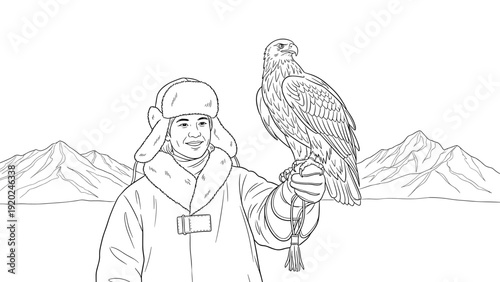 Traditional Kazakh eagle hunter in fur hat and coat with golden eagle perched on his hand