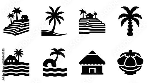 Collection of tropical island and beach icons with palm trees and huts