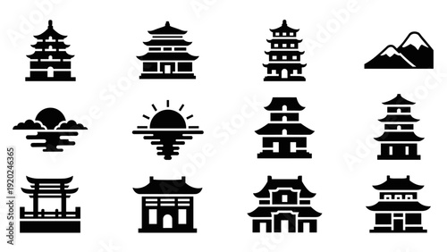 Collection of traditional East Asian architectural icons and natural elements