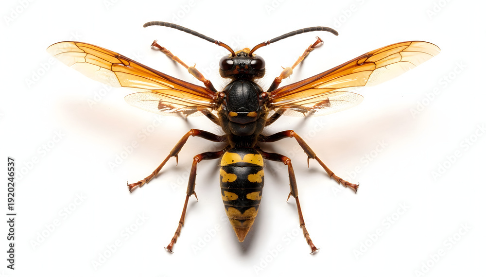 Fototapeta premium A detailed high-angle studio shot of a vibrant yellow and black wasp with translucent amber wings, perfectly isolated on a clean white background, showcasing its intricate anatomy
