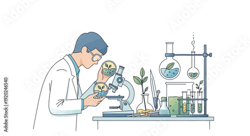 Scientist Examining Sample Under Microscope in Lab.