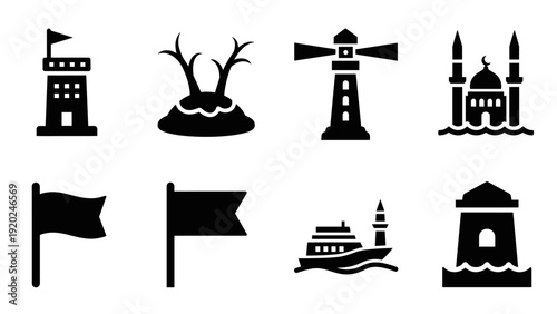 Collection of nautical and architectural landmark icons on a white background