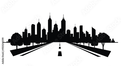 A black silhouette of a city skyline with a road leading into it