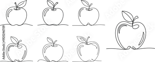 Continuous line drawing set of apple fruits isolated on white background for organic food logo.
