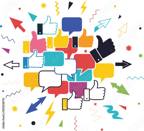 Colorful social media engagement icons and arrows, vibrant illustration for online interaction, communication, and feedback, isolated white background. Isolated white background