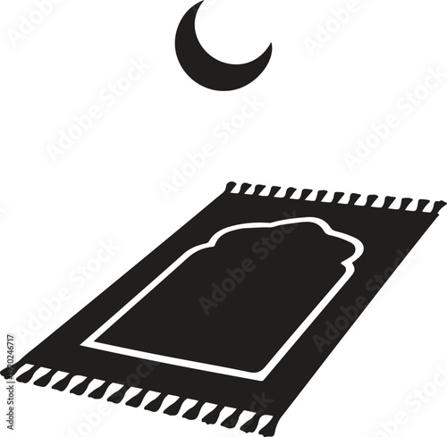 Islamic Prayer Mat with Crescent Moon Silhouette, Muslim Ramadan Worship Spiritual Concept Minimalist Black Vector