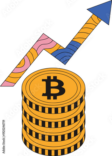 Stack of Bitcoin coins with an upward trending arrow, symbolizing financial growth, cryptocurrency investment, and digital economy, isolated white background. Isolated white background