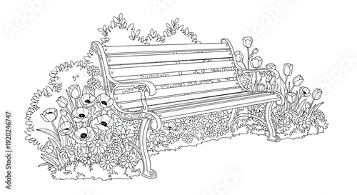 A detailed line drawing of a park bench surrounded by flowers