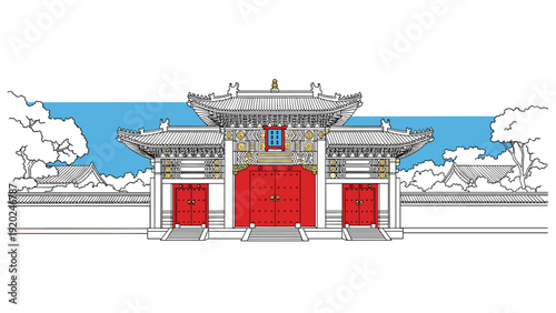 Traditional Chinese temple gate with red doors and ornate architecture, line art style