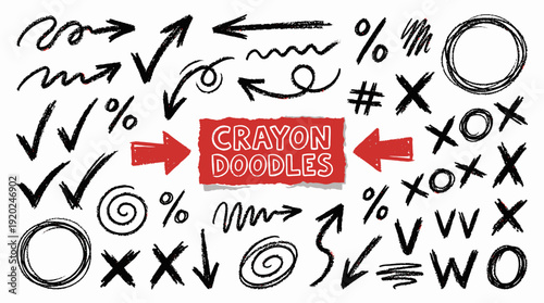 Crayon Doodle Annotation Icons Vector – Hand-Drawn Arrows, Symbols, Scribbles, and Marks in Black for Emphasis, Editing, and Creative Design Projects