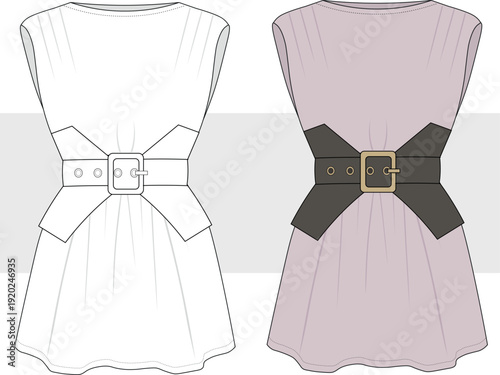 Women's thick leather belted mini  dress fashion technical drawing, illustration. Boho style belted dress vector. Cad, Mockup Set.