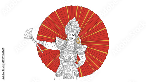 Traditional dancer in ornate costume holding a fan with a large red sun-like prop