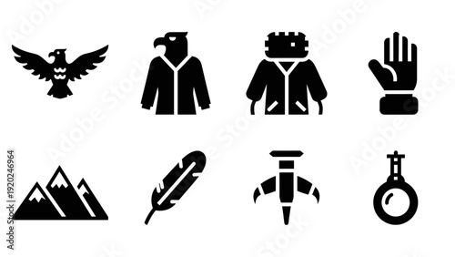 Collection of black icons representing nature, clothing, and science elements