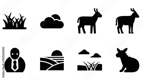 Collection of black and white icons representing nature, animals, and business concepts