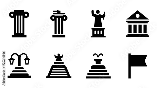 Collection of architectural and landmark icons representing buildings, monuments, and public spaces