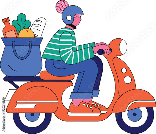 Efficient Delivery Service: Woman on Orange Scooter with Groceries Bag, Isolated on White Background Isolated white background