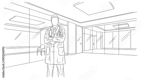 Doctor standing in modern hospital hallway with arms crossed, sketch style