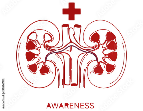 Detailed Line Art Illustration of Renal System with Medical Cross Symbol and Awareness Text, Ideal for Nephrology Education and Health Promotion.