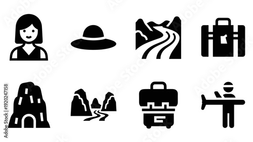 Collection of travel and vacation icons representing different aspects of a journey