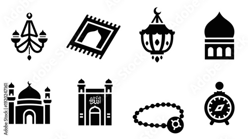 Collection of Islamic cultural icons including mosques, prayer rug, lantern, and prayer beads