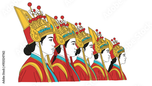 Group of women in traditional ornate headdresses and red robes, stylized illustration