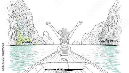 Woman in a boat with arms raised, enjoying a scenic tropical island tour