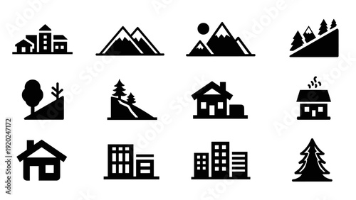 Collection of black icons representing buildings, mountains, and trees on a white background