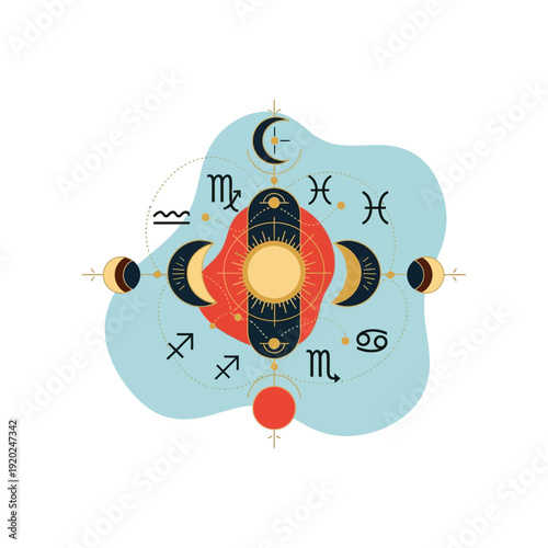 Astrological symbols and celestial bodies arranged in a circular pattern with a sun and moon phases.