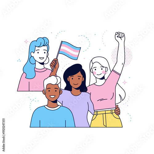 Diverse group of people celebrating transgender pride with a flag and raised fist, representing unity and support.
