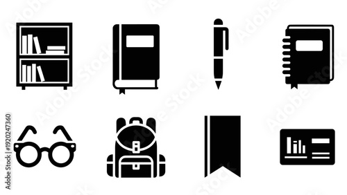 Collection of black icons representing school and study items on a white background