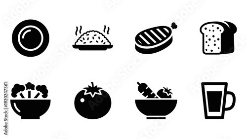 Collection of food icons representing a balanced meal and healthy eating choices