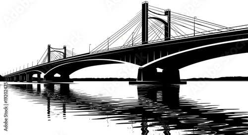 Modern cable-stayed bridge silhouette over water, detailed architectural vector illustration with reflections in black and white.