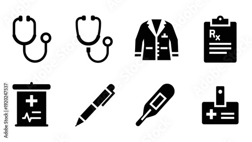 Collection of medical icons representing healthcare and diagnosis tools