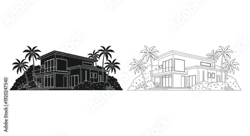 Modern house designs with palm trees shown in contrasting black and white styles