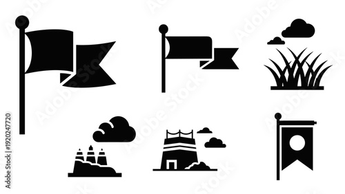 Collection of black and white vector icons representing flags, nature, and landmarks