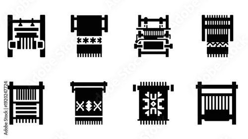 Collection of eight black and white icons representing different types of looms and woven textiles