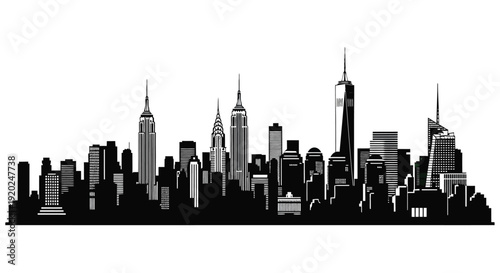 A striking black and white silhouette of a city skyline