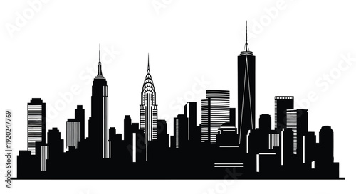 A striking black and white silhouette of a new york city skyline